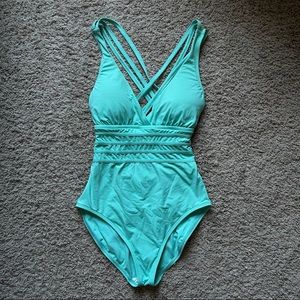 La Blanca Island Goddess Multi-Strap Cross-Back One Piece in aquamarine